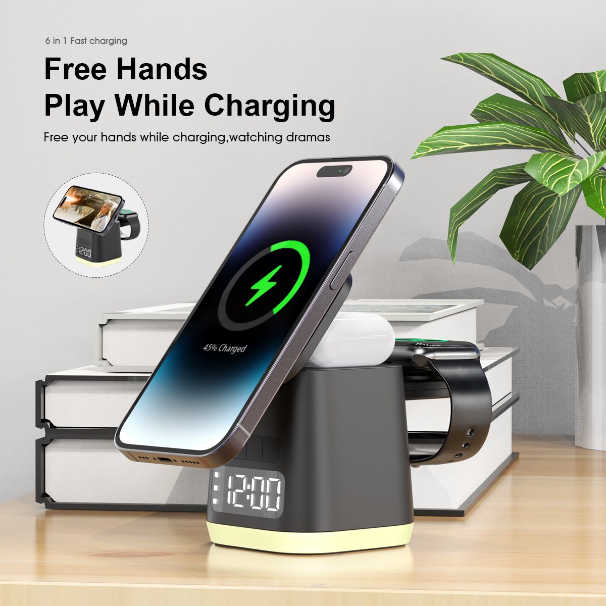 NEW Trending 3-in-1 Wi-fi Charger: 15W Desktop Clock with LED Lights for iPhone and Watch Stand