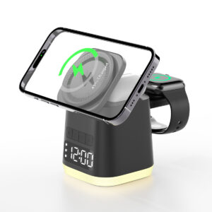 NEW Trending 3-in-1 Wi-fi Charger: 15W Desktop Clock with LED Lights for iPhone and Watch Stand